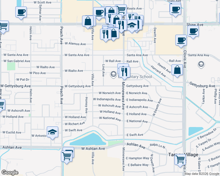 map of restaurants, bars, coffee shops, grocery stores, and more near 62 West Gettysburg Avenue in Clovis