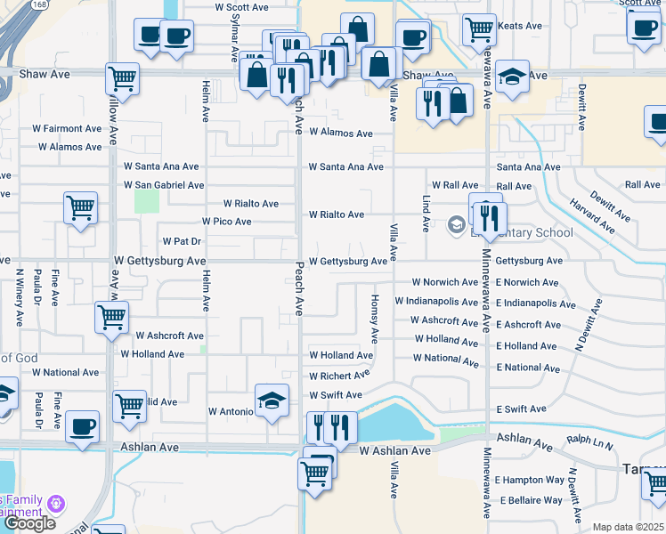 map of restaurants, bars, coffee shops, grocery stores, and more near 332 West Gettysburg Avenue in Clovis