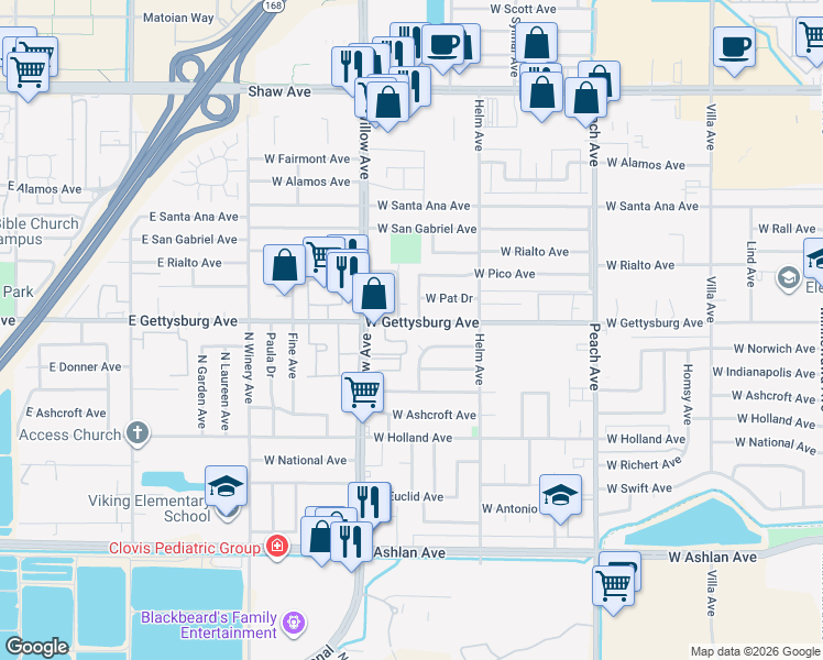 map of restaurants, bars, coffee shops, grocery stores, and more near 720 West Gettysburg Avenue in Clovis