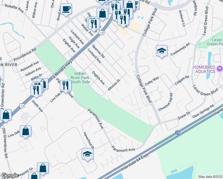 map of restaurants, bars, coffee shops, grocery stores, and more near 1305 Altoona Street in Chesapeake