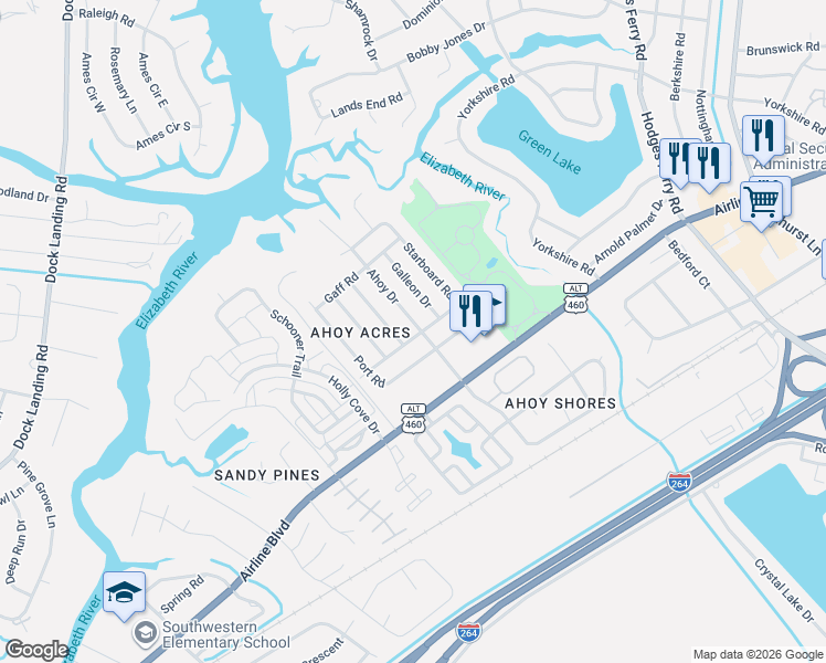 map of restaurants, bars, coffee shops, grocery stores, and more near 3901 Ahoy Drive in Chesapeake