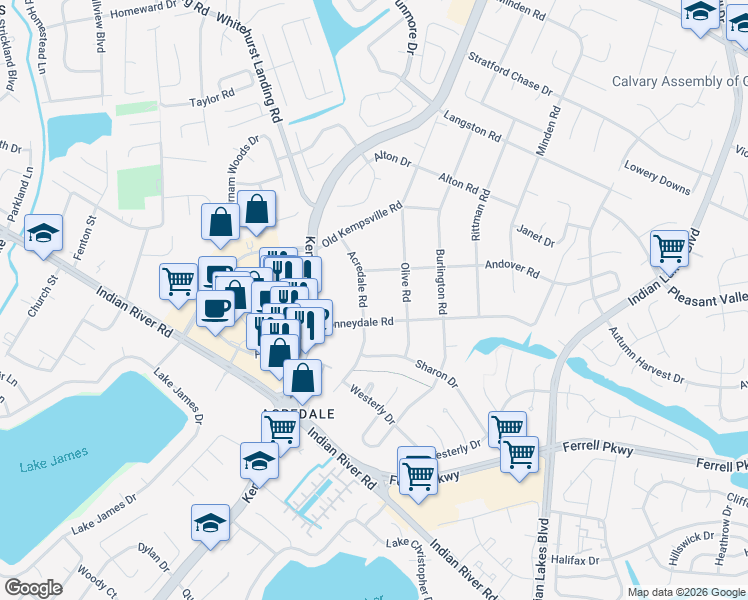 map of restaurants, bars, coffee shops, grocery stores, and more near 1212 Acredale Road in Virginia Beach