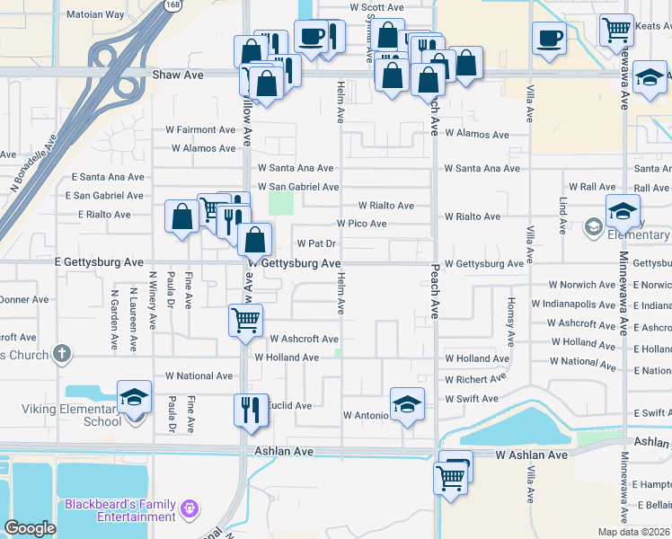 map of restaurants, bars, coffee shops, grocery stores, and more near 608 West Gettysburg Avenue in Clovis