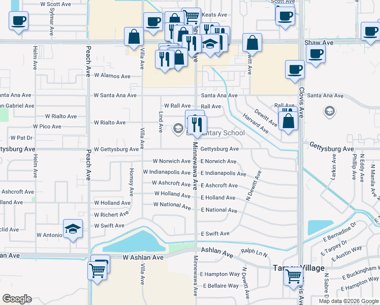 map of restaurants, bars, coffee shops, grocery stores, and more near 2811 Minnewawa Avenue in Fresno