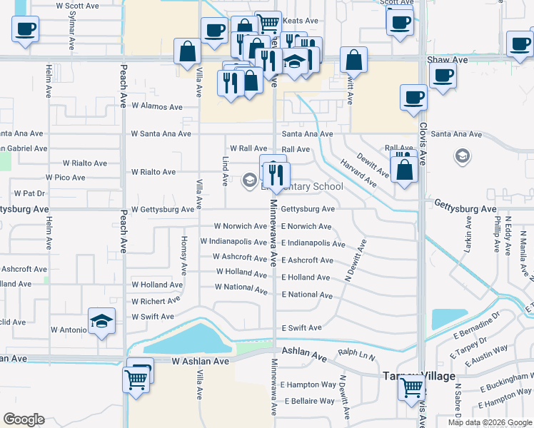 map of restaurants, bars, coffee shops, grocery stores, and more near 2811 Minnewawa Avenue in Fresno