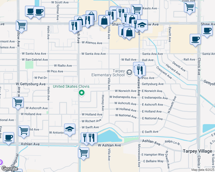 map of restaurants, bars, coffee shops, grocery stores, and more near 196 West Gettysburg Avenue in Clovis