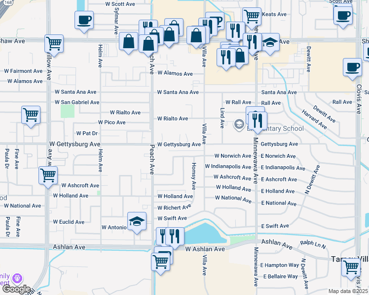 map of restaurants, bars, coffee shops, grocery stores, and more near 258 West Gettysburg Avenue in Clovis