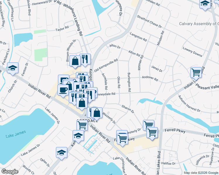 map of restaurants, bars, coffee shops, grocery stores, and more near 1212 Acredale Road in Virginia Beach