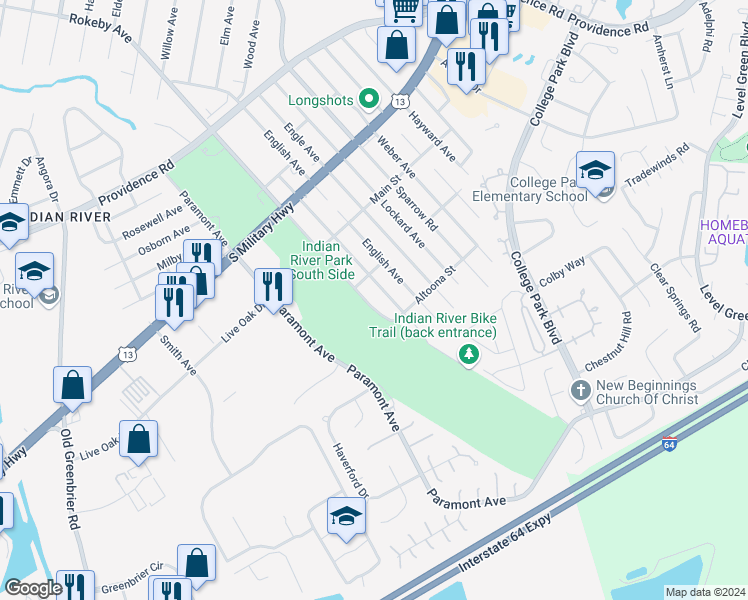 map of restaurants, bars, coffee shops, grocery stores, and more near 2129 Miller Avenue in Chesapeake