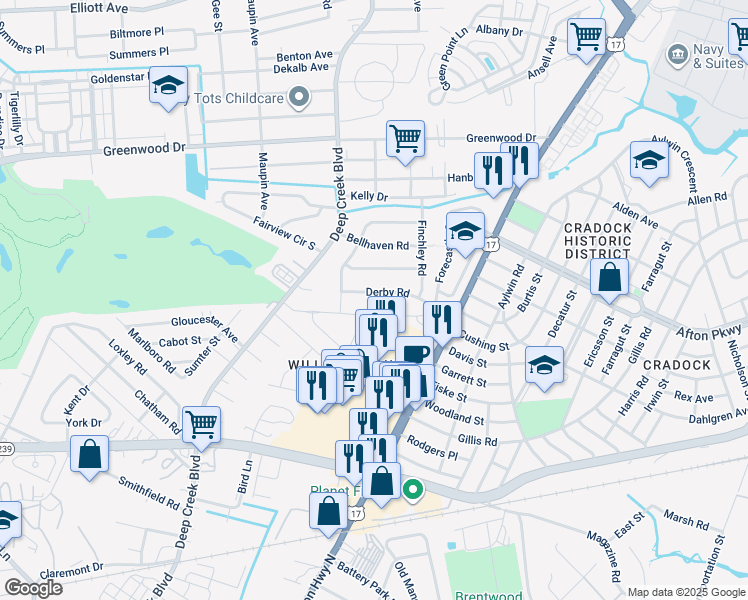map of restaurants, bars, coffee shops, grocery stores, and more near 211 Derby Road in Portsmouth