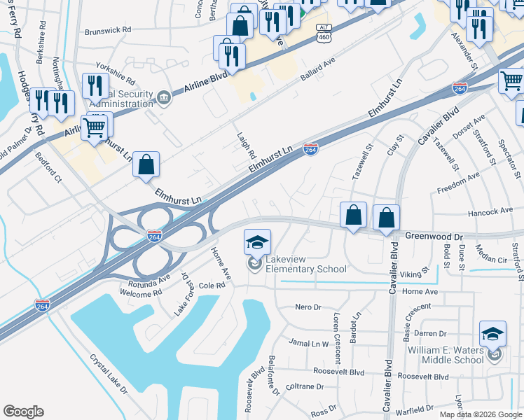 map of restaurants, bars, coffee shops, grocery stores, and more near 4562 Greenwood Drive in Portsmouth