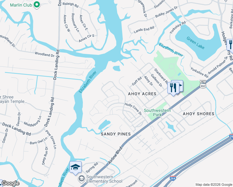 map of restaurants, bars, coffee shops, grocery stores, and more near 4301 Center Mast Crest in Chesapeake
