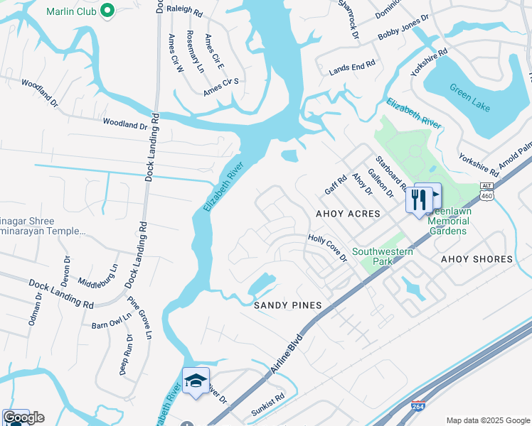 map of restaurants, bars, coffee shops, grocery stores, and more near 4324 Schooner Trail in Chesapeake