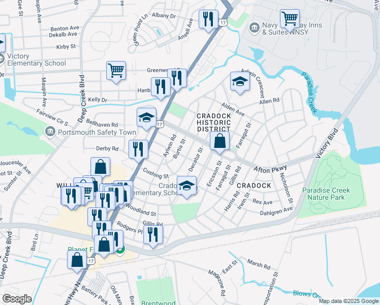 map of restaurants, bars, coffee shops, grocery stores, and more near 80 Cushing Street in Portsmouth