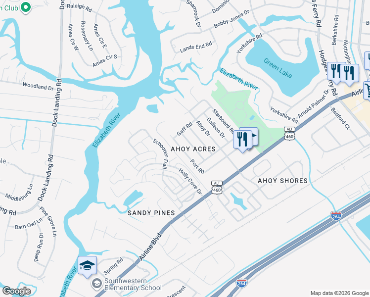 map of restaurants, bars, coffee shops, grocery stores, and more near 3964 Port Road in Chesapeake
