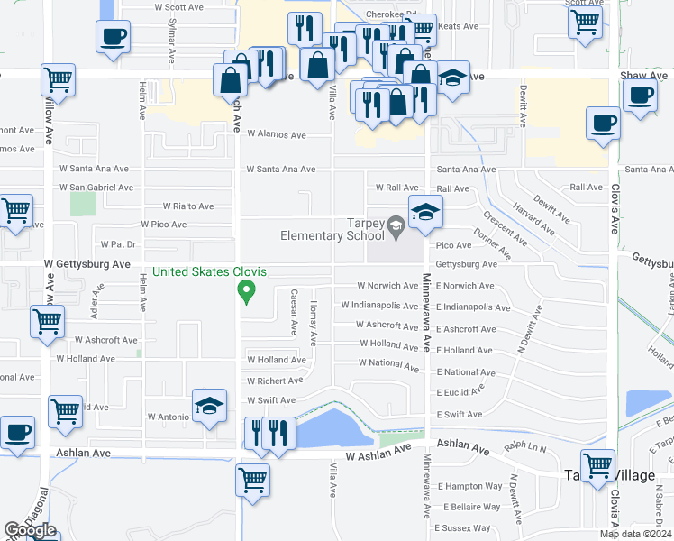 map of restaurants, bars, coffee shops, grocery stores, and more near 196 West Gettysburg Avenue in Clovis