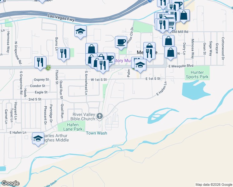 map of restaurants, bars, coffee shops, grocery stores, and more near 208 Bambosa Circle in Mesquite