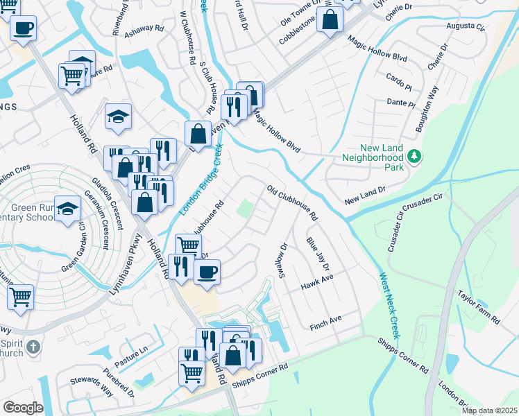 map of restaurants, bars, coffee shops, grocery stores, and more near 1214 Warwick Drive in Virginia Beach
