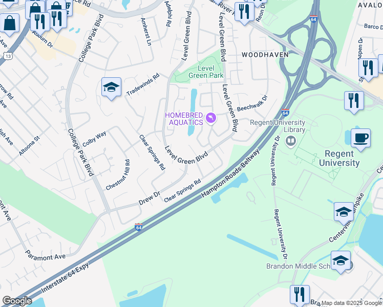 map of restaurants, bars, coffee shops, grocery stores, and more near 1219 Owl Court in Virginia Beach