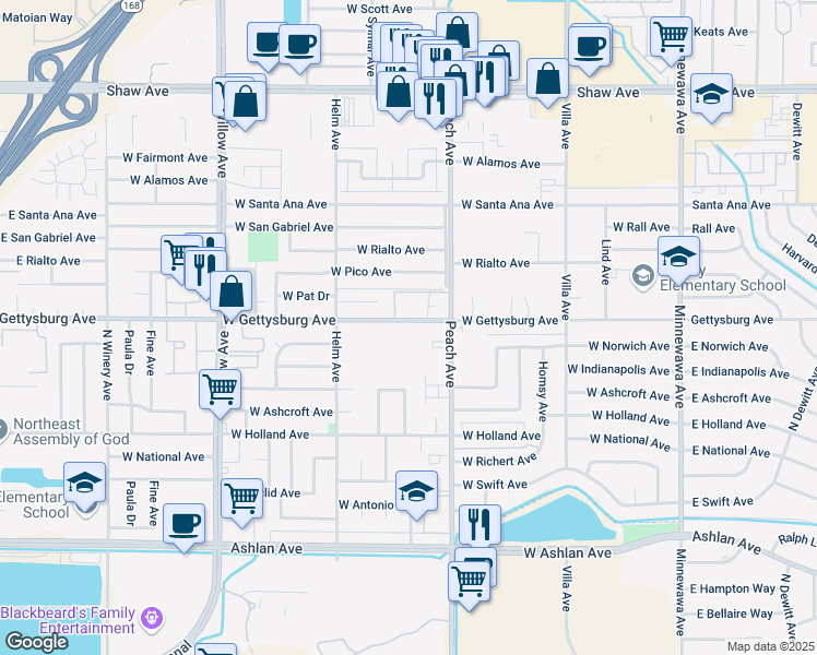 map of restaurants, bars, coffee shops, grocery stores, and more near 440 West Gettysburg Avenue in Clovis