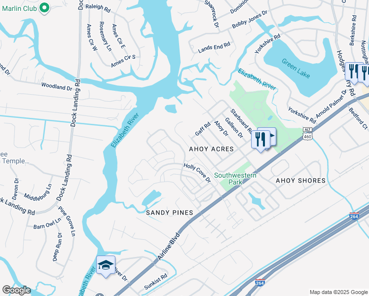map of restaurants, bars, coffee shops, grocery stores, and more near 4212 Schooner Trail in Chesapeake