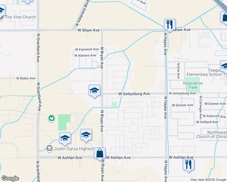 map of restaurants, bars, coffee shops, grocery stores, and more near 6417 West Pico Avenue in Fresno