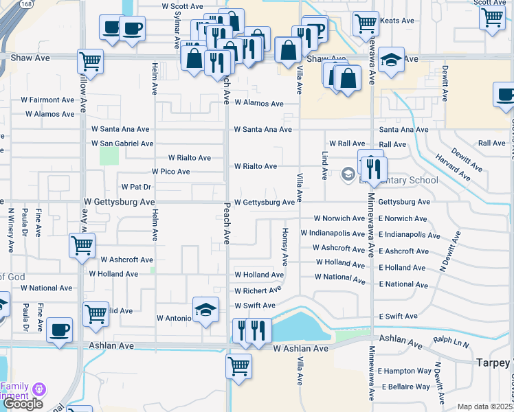 map of restaurants, bars, coffee shops, grocery stores, and more near 320 West Gettysburg Avenue in Clovis