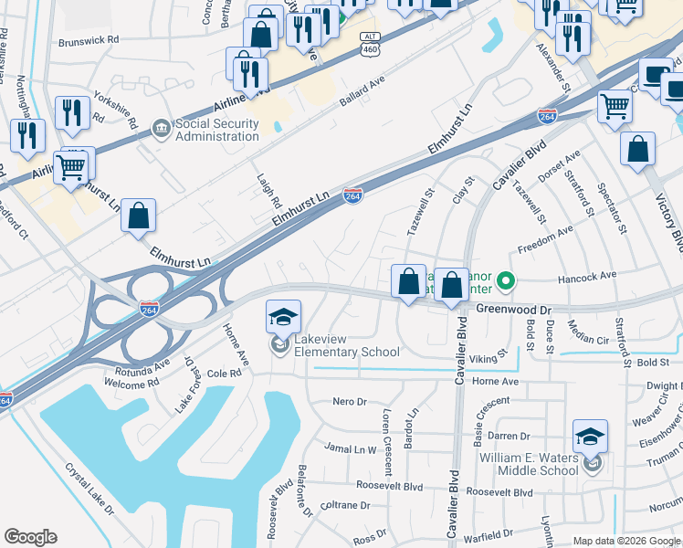 map of restaurants, bars, coffee shops, grocery stores, and more near 1507 Darren Circle in Portsmouth
