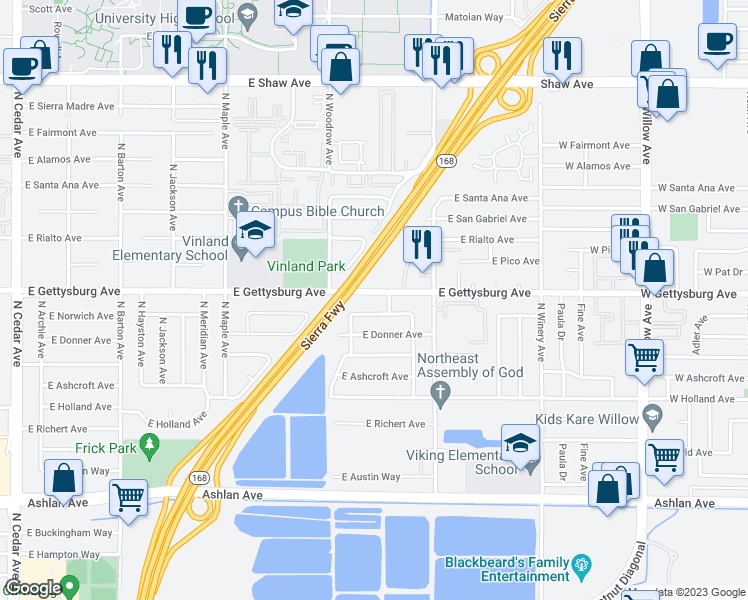 map of restaurants, bars, coffee shops, grocery stores, and more near 4742 East Gettysburg Avenue in Fresno
