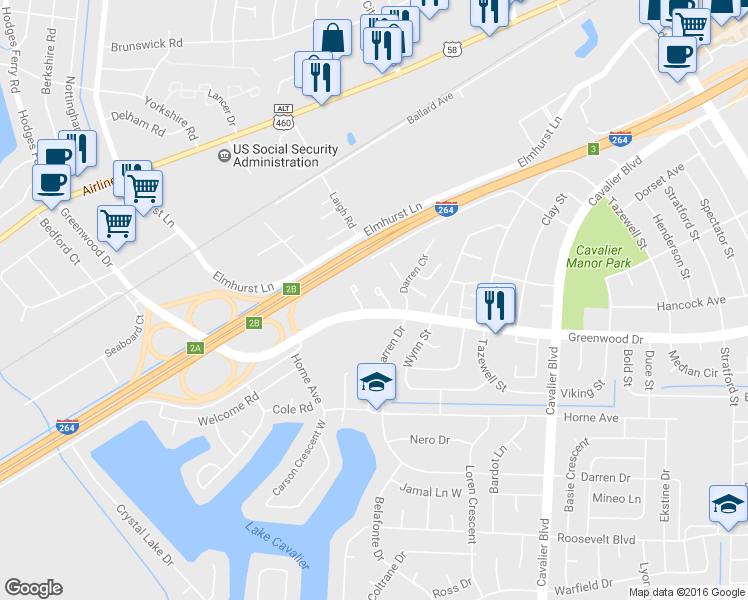 map of restaurants, bars, coffee shops, grocery stores, and more near 4562 Greenwood Drive in Portsmouth