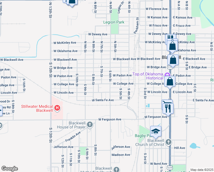 map of restaurants, bars, coffee shops, grocery stores, and more near 723 West College Avenue in Blackwell