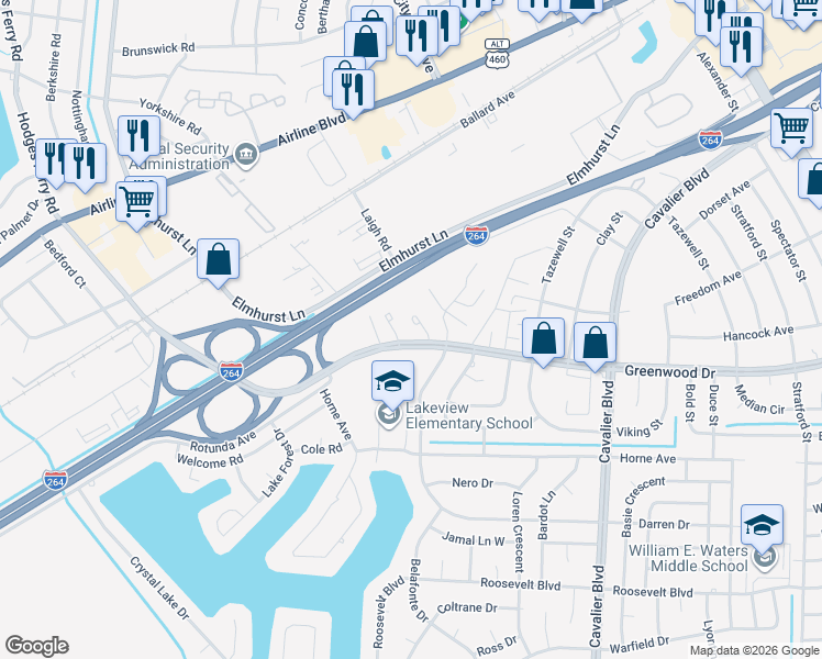 map of restaurants, bars, coffee shops, grocery stores, and more near 4562 Greenwood Drive in Portsmouth