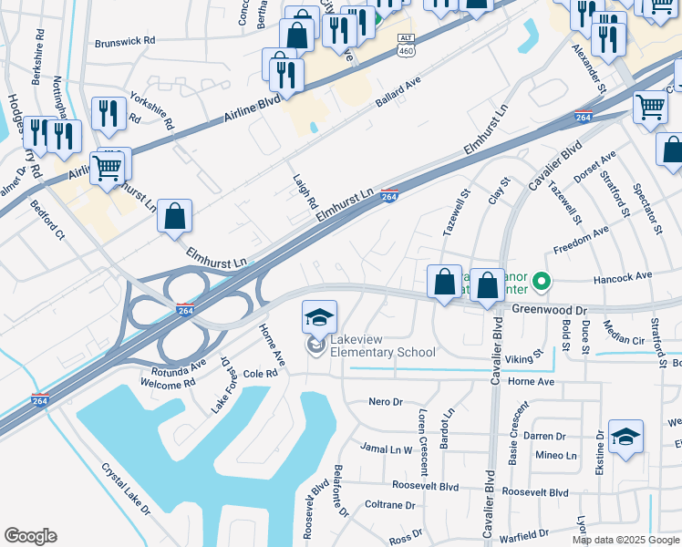 map of restaurants, bars, coffee shops, grocery stores, and more near 4568 Greenwood Drive in Portsmouth