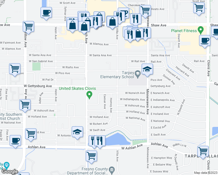 map of restaurants, bars, coffee shops, grocery stores, and more near 258 West Gettysburg Avenue in Clovis