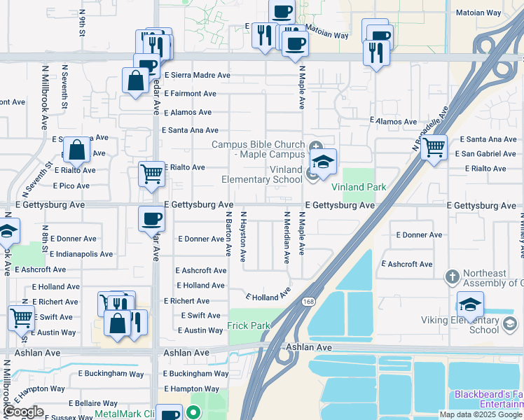 map of restaurants, bars, coffee shops, grocery stores, and more near 4540 East Gettysburg Avenue in Fresno