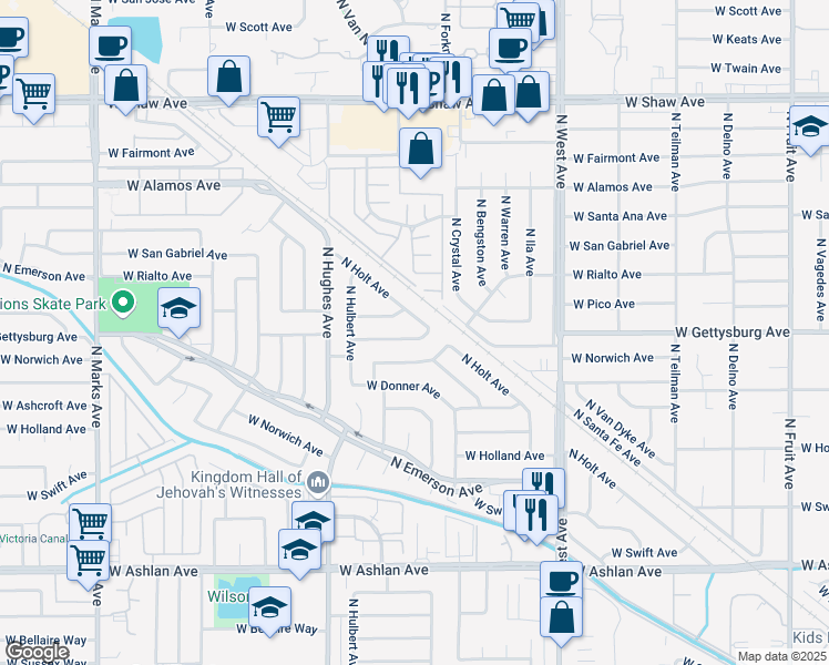 map of restaurants, bars, coffee shops, grocery stores, and more near 1808 W Gettysburg Ave in Fresno