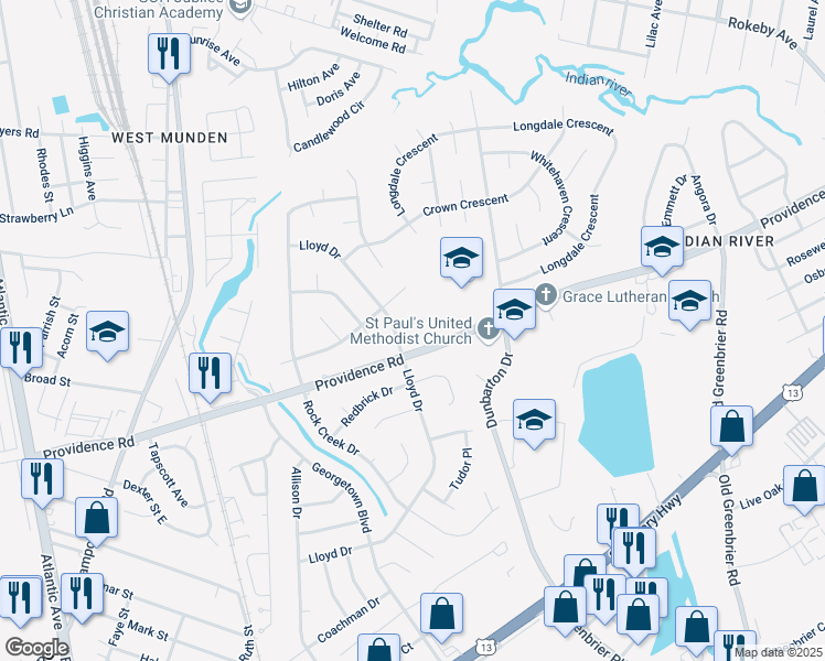 map of restaurants, bars, coffee shops, grocery stores, and more near 408 Providence Road in Chesapeake