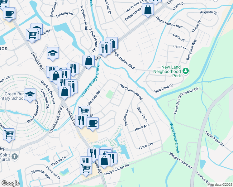 map of restaurants, bars, coffee shops, grocery stores, and more near 1216 Warwick Drive in Virginia Beach
