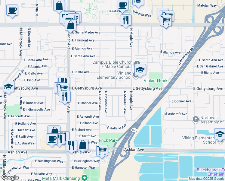 map of restaurants, bars, coffee shops, grocery stores, and more near 4540 East Gettysburg Avenue in Fresno