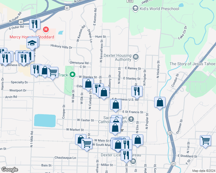 map of restaurants, bars, coffee shops, grocery stores, and more near 703 North Mulberry Street in Dexter