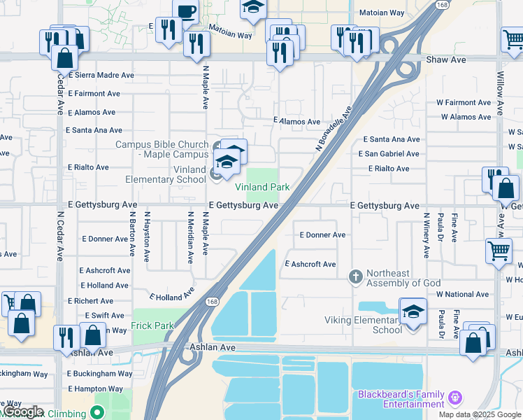 map of restaurants, bars, coffee shops, grocery stores, and more near 4670 East Gettysburg Avenue in Fresno