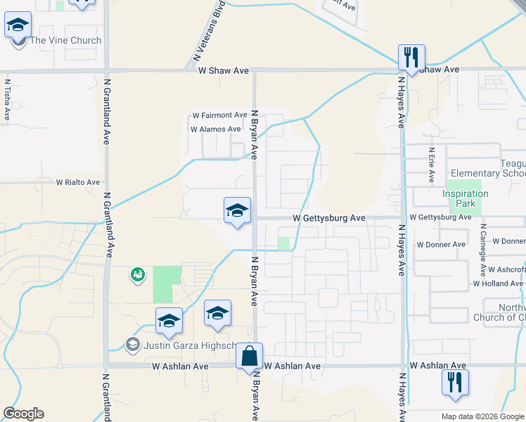 map of restaurants, bars, coffee shops, grocery stores, and more near 6487 West Pico Avenue in Fresno