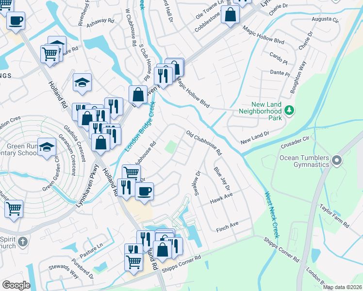 map of restaurants, bars, coffee shops, grocery stores, and more near 1216 Warwick Drive in Virginia Beach