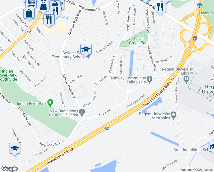 map of restaurants, bars, coffee shops, grocery stores, and more near 6055 Clear Springs Road in Virginia Beach