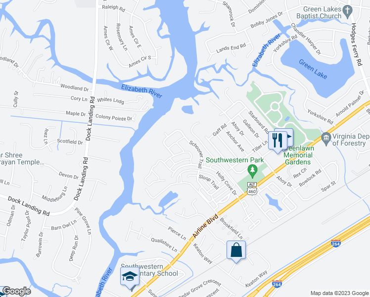 map of restaurants, bars, coffee shops, grocery stores, and more near 4301 Center Mast Crest in Chesapeake