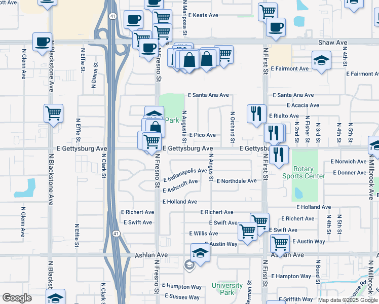 map of restaurants, bars, coffee shops, grocery stores, and more near 2720 East Gettysburg Avenue in Fresno