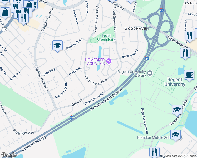 map of restaurants, bars, coffee shops, grocery stores, and more near 1219 Owl Court in Virginia Beach