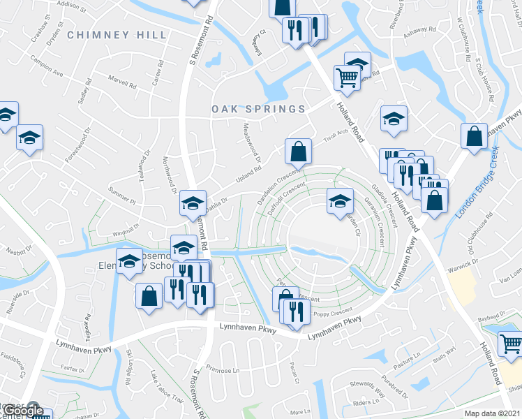 map of restaurants, bars, coffee shops, grocery stores, and more near 3517 Dandelion Crescent in Virginia Beach