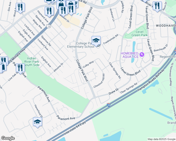 map of restaurants, bars, coffee shops, grocery stores, and more near 1235 Glyndon Drive in Virginia Beach