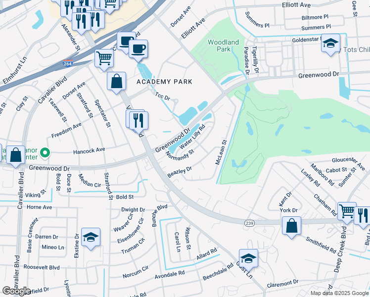 map of restaurants, bars, coffee shops, grocery stores, and more near 610 Normandy Street in Portsmouth